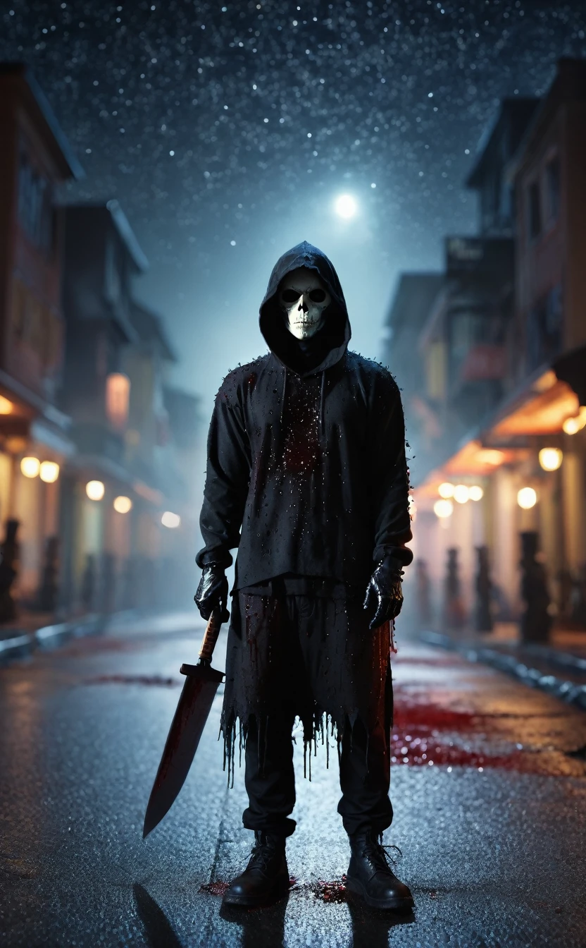 Halloween festive background、8k、Dark fantasy、City of Halloween、Ultra HD、Amazing image quality,4k、boogeyman、all back、work shoeichael Myers、Black work clothes、Jumper、Knife、blood droplets、Full Body Shot,Give the viewer a malicious look, Grabbing Viewer, For the viewer,Shallow depth of field, Vignette, Very detailed, High budget, Bokeh, CinemaScope, Sulky, amazing, nice, Film Grain, granular . Creepy, Anxious, dark, Creepyな, Suspenseful, strict, Very detailed