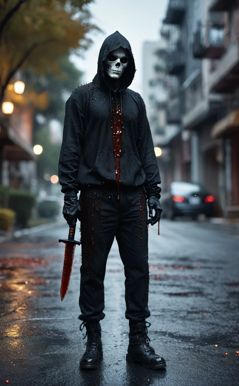 Halloween festive background、8k、Dark fantasy、City of Halloween、Ultra HD、Amazing image quality,4k、boogeyman、all back、work shoeichael Myers、Black work clothes、Jumper、Knife、blood droplets、Full Body Shot,Give the viewer a malicious look, Grabbing Viewer, For the viewer,Shallow depth of field, Vignette, Very detailed, High budget, Bokeh, CinemaScope, Sulky, amazing, nice, Film Grain, granular . Creepy, Anxious, dark, Creepyな, Suspenseful, strict, Very detailed