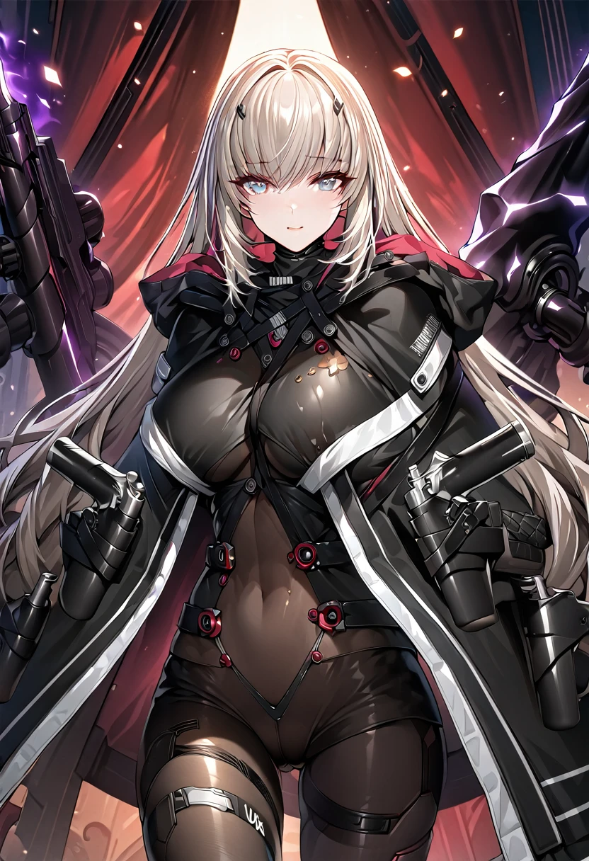 absurdres, by famous artist, exquisite, cowboy shot, hood, jacket, body suit, black clothes, black wear, weapon, purple eyes, perfect eyes,ultra detailed beautiful face, masterpiece, super fine illustration, ultra high res, masterwork, best quality, cg unity 8k wallpaper, official art, ultra detailed, beautiful, accurate face parts, even eyes, symmetrical eyes, perfect face, ultra detailed beautiful eyes, breasts, gleaming skin, oil skin, shiny skin, (((black pantyhose, black tights))), beautiful and aesthetic, High quality, extremely detailed, extremely detailed cg unity 8k wallpaper, super detailed skin, hdr, highers, extremely detailed beautiful face, light eyes,