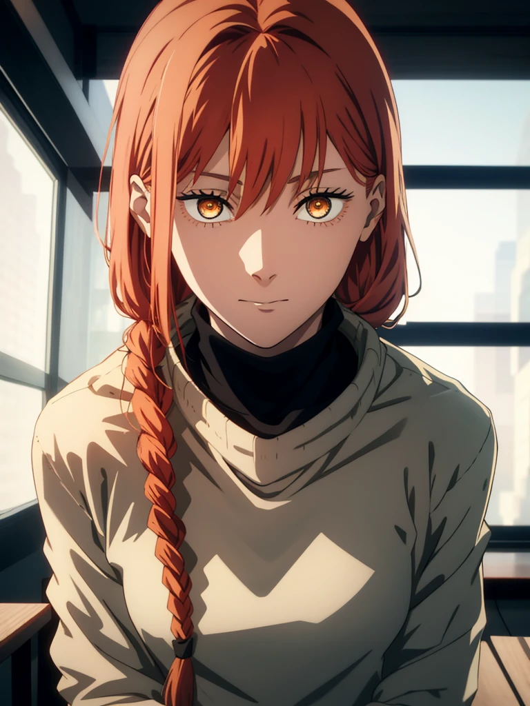 hand \(Chainsaw Man\),, One Girl, only, sit, Redhead, Long braided hair, Golden Eyes,, Mid-chest, Black turtleneck sweater, Perfect collarbone, （Black lace panties）, (just:1.2), look up , (close:1.3), , Upper Body, Highest quality, Glowing Skin, Highest quality, High resolution, , 