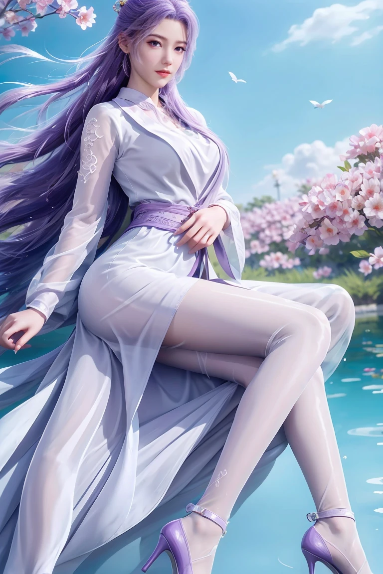 Chinese purple cheongsam，Long legs，full-body shot，Wearing purple high heels，Swimming