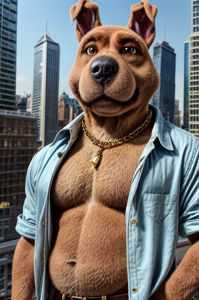 scrappydoo, solo anthro, male, open shirt, smiling, yellow gem on chest fat half-length portrait, city background, detailed realistic photorealism