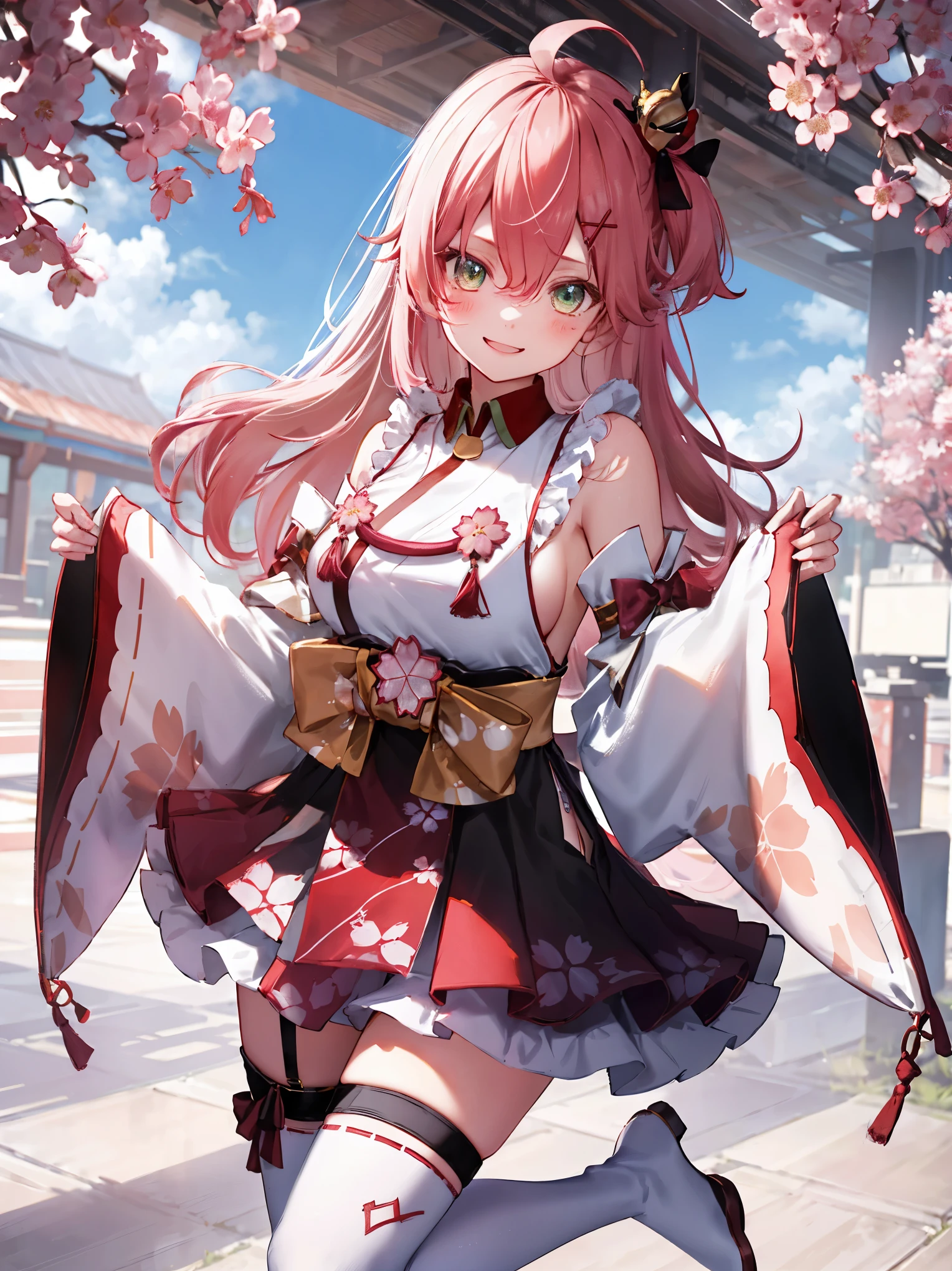 masterpiece, best quality, highres, miko1, sakura_miko, 1girl, big_boobs, solo, ahoge, x_hair_ornament, pink_hair, floral print, hairclip,(side_less_clothes:1.5), (side_boobs:1.5), hair_bell, floral print, long_hair, hair between eyes, one side up, white thighhighs, asymmetrical legwear, wide sleeves, open_mouth,(happy:1.3),gleen_eyes,big_smile,(rise_leg:1.3),plump,apart_legs,(overly_long_sleeves:1.3),),sleeves_past_wrists,hands_hidden_sleeves,sidelock_clothes,dynamic_posing,solo,hidden_wrists,(XD:1.4),covered_nipples,sunlight,cherryblossom_background,