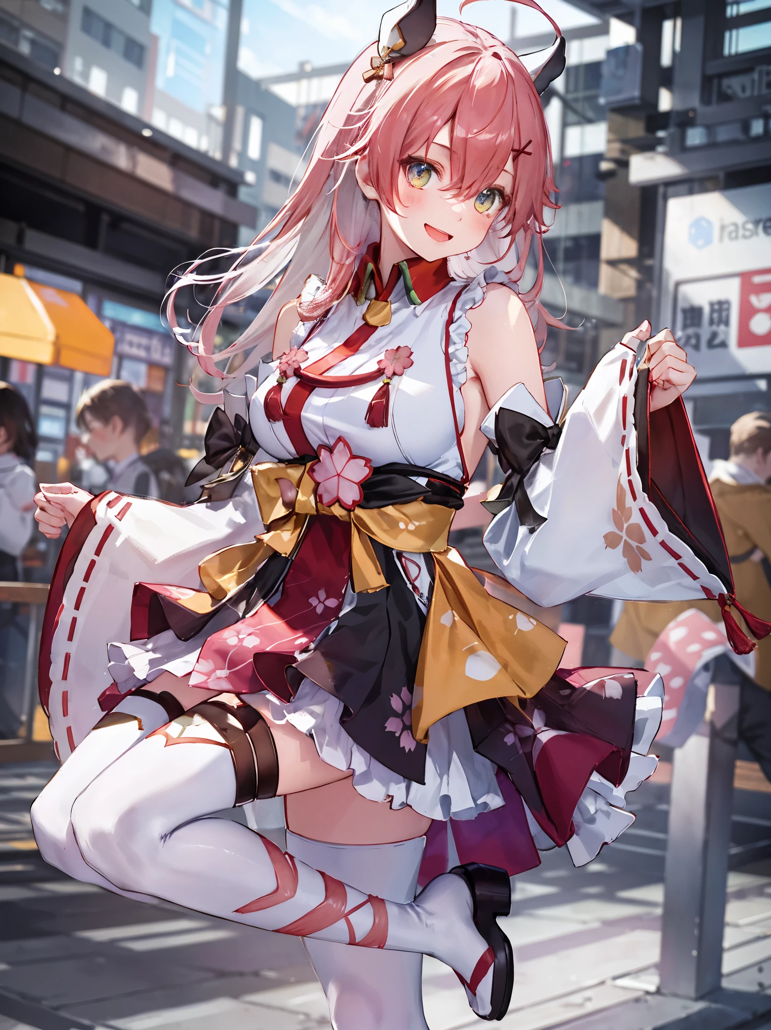 masterpiece, best quality, highres, miko1, sakura_miko, 1girl, big_boobs, solo, ahoge, x_hair_ornament, pink_hair, floral print, hairclip,(side_less_clothes:1.5), (side_boobs:1.5), hair_bell, floral print, long_hair, hair between eyes, one side up, white thighhighs, asymmetrical legwear, wide sleeves, open_mouth,(happy:1.3),gleen_eyes,big_smile,(rise_leg:1.3),plump,apart_legs,(overly_long_sleeves:1.3),),sleeves_past_wrists,hands_hidden_sleeves,sidelock_clothes,dynamic_posing,solo,hidden_wrists,(XD:1.4),covered_nipples,sunlight,cherryblossom_background,