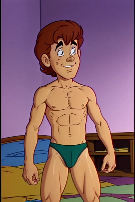 a redhead cartoon character, ((He's wearing only an underwear)), a young male wizard, 1980s cartoon, animated episode still, Presto (((mad)))