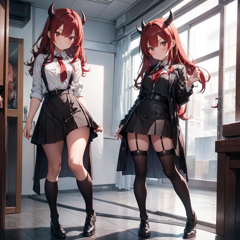 A little devil with long red hair and brown eyes, wearing a short skirt, leather shoes and black stockings, looks at you with a look of disgust and is about 170cm tall.