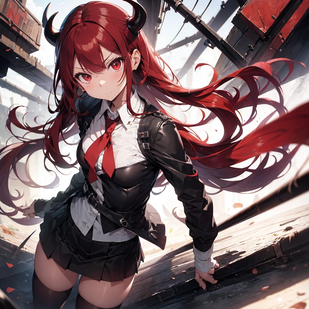 A little devil with long red hair and brown eyes, wearing a short skirt, leather shoes and black stockings, looks at you with a look of disgust and is about 170cm tall.