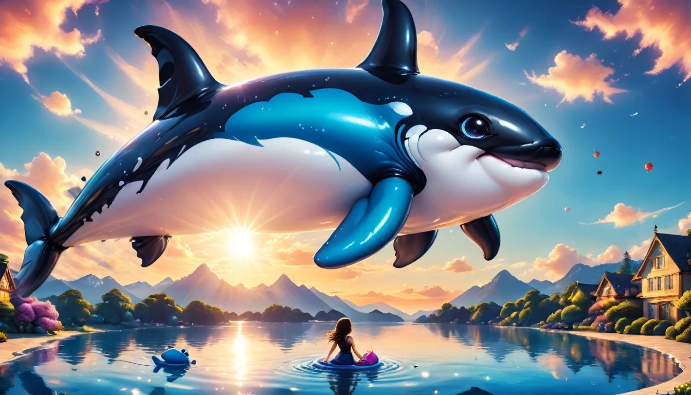 Sexy woman, long pink hair, hug a teddy bear, both are on an orca, dans l eau au clair de lune