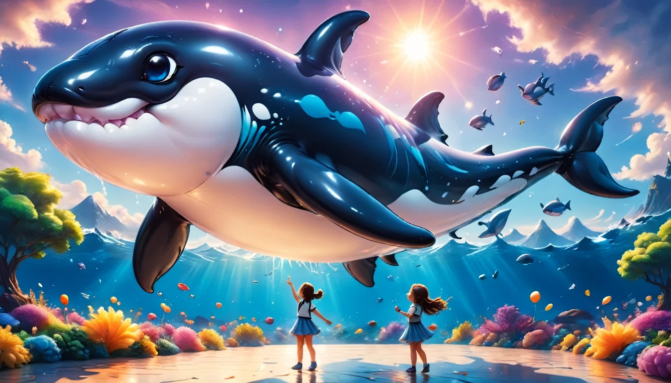 a digital paining of  (balloon in the shape of killer) whale ((being held by a cute kindergarten girl)), High Contrast, (masterpiece:1.5), highest quality, Best aesthetics), 16K fantasy art, best details, best quality, highres, (ultra wide angle: 1.2), 16k, [ultra detailed], masterpiece, best quality, (extremely detailed), magical sky, digital painting, balloonz