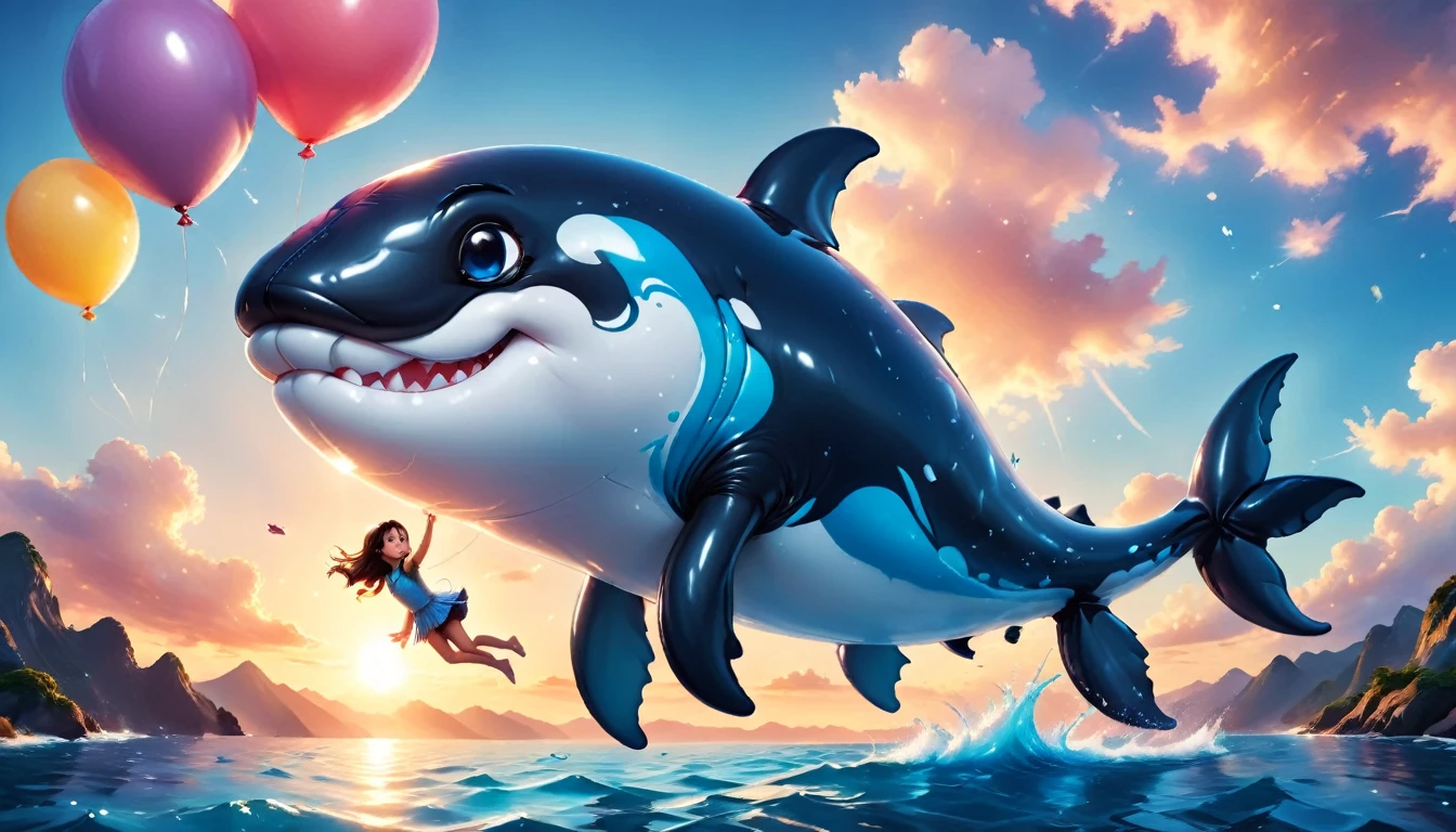 a digital paining of  (balloon in the shape of killer) whale ((being held by a cute kindergarten girl)), High Contrast, (masterpiece:1.5), highest quality, Best aesthetics), 16K fantasy art, best details, best quality, highres, (ultra wide angle: 1.2), 16k, [ultra detailed], masterpiece, best quality, (extremely detailed), magical sky, digital painting, balloonz