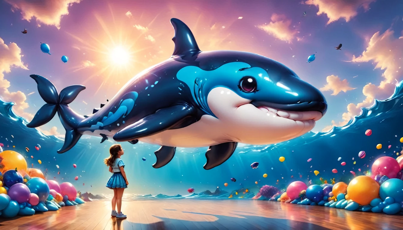 a digital paining of  (balloon in the shape of killer) whale ((being held by a cute kindergarten girl)), High Contrast, (masterpiece:1.5), highest quality, Best aesthetics), 16K fantasy art, best details, best quality, highres, (ultra wide angle: 1.2), 16k, [ultra detailed], masterpiece, best quality, (extremely detailed), magical sky, digital painting, balloonz