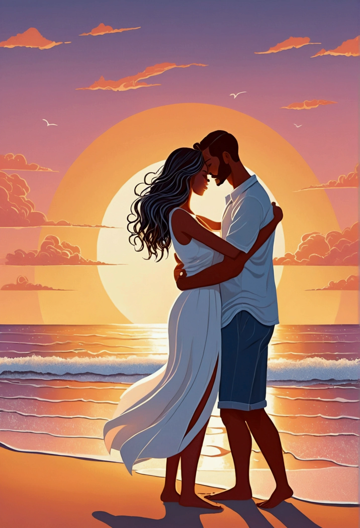 Illustration White couple man and woman giving each other love and hugs on a beach at sunset