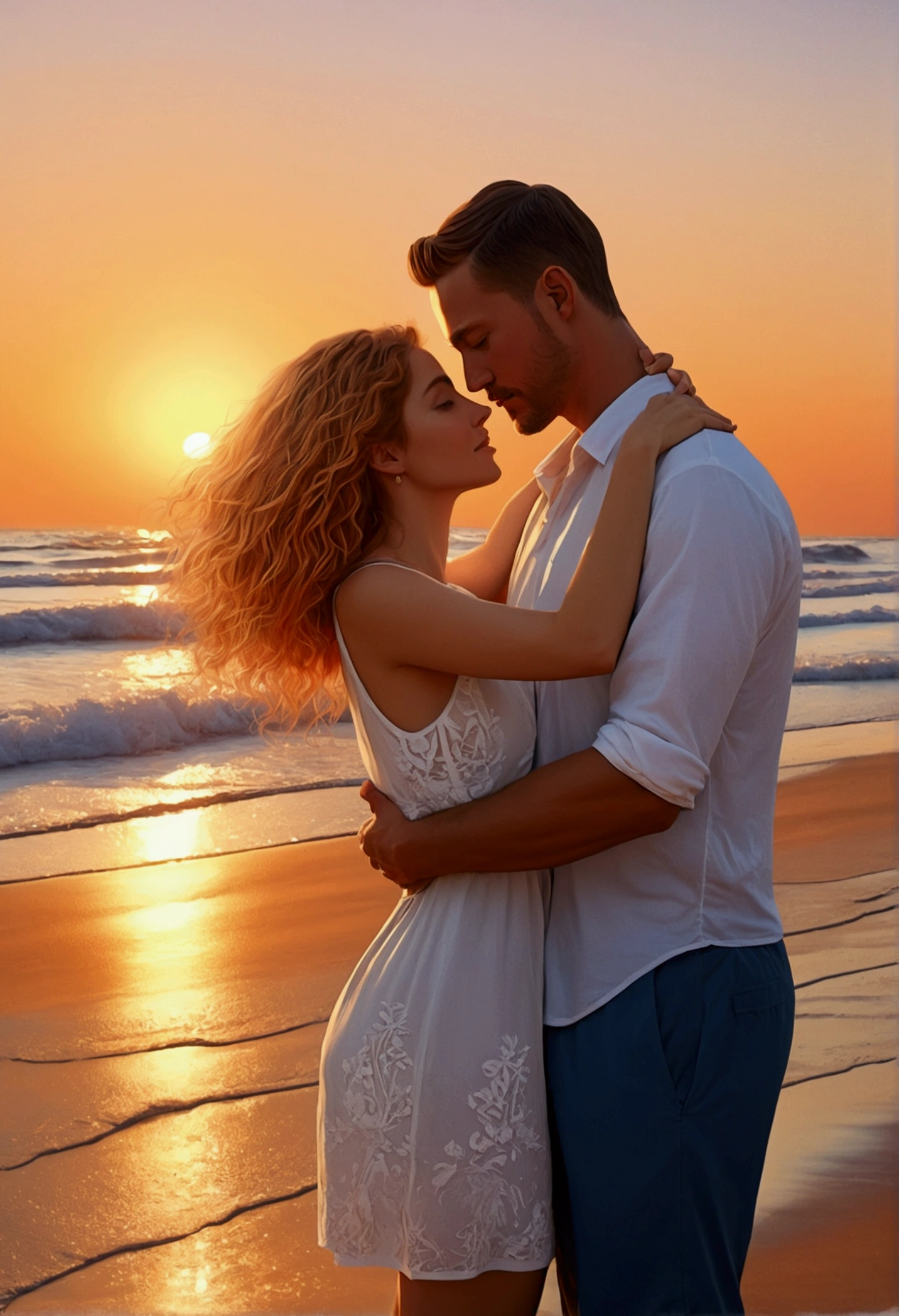 Illustration White couple man and woman giving each other love and hugs on a beach at sunset