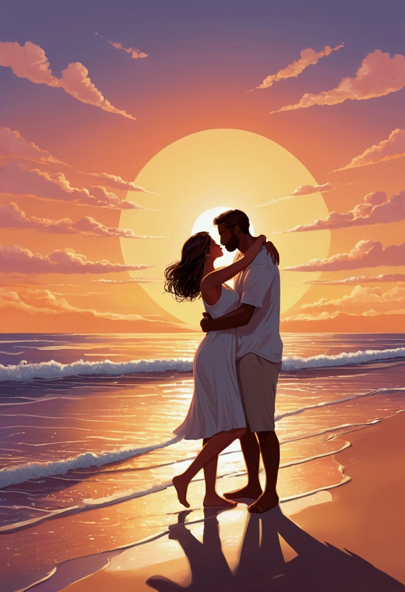 Illustration White couple man and woman giving each other love and hugs on a beach at sunset