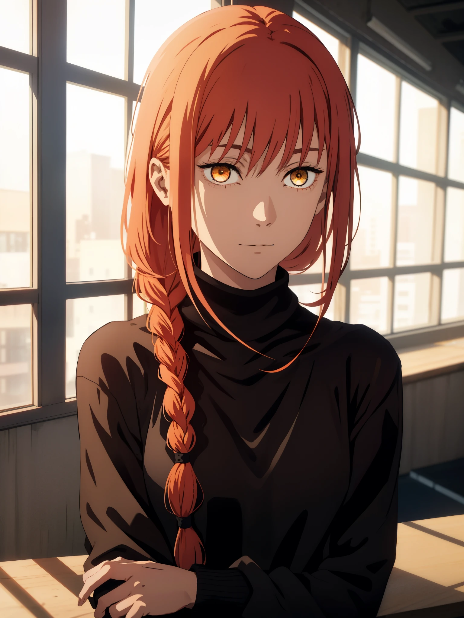 hand \(Chainsaw Man\),, One Girl, only, sit, Redhead, Long braided hair, Golden Eyes,, Mid-chest, Black turtleneck sweater, Perfect collarbone, (Black lace panties), (just:1.2), look up , (close:1.3), , Upper Body, Highest quality, Glowing Skin, Highest quality, High resolution, ,