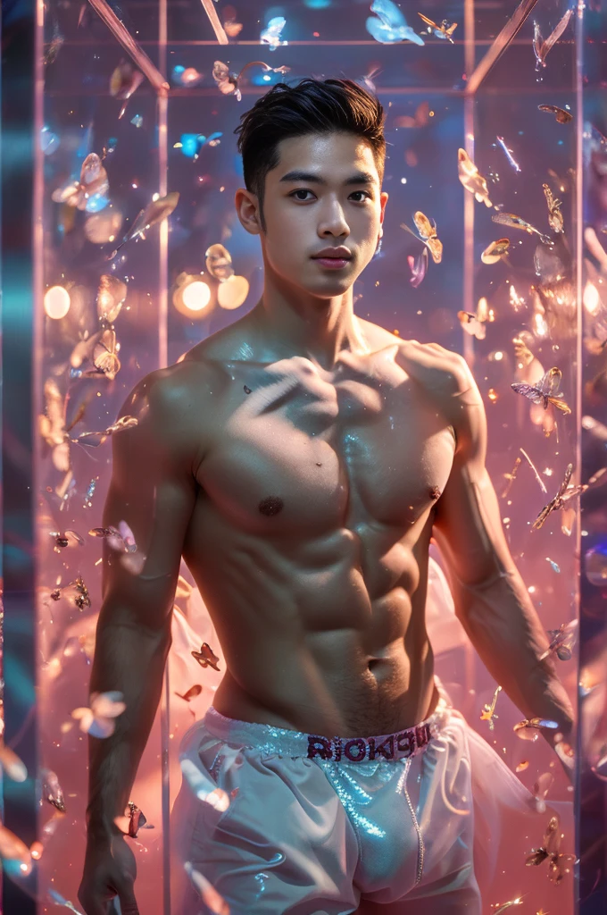 (8k, RAW Photos, Highest quality) masterpiece, 1 teenager, 18-year-old, Asian Muscular Man Watching the Viewer, Stand in front, Exposing his huge muscular chest, Puffy nipples, Sexy Six Pack, Tight waist, good looking, topless, Thick body hair, A man wearing thong underwear , Gradient Background, Shine & Sequin Backdrops , Cinema Lighting, Ultra-high resolution