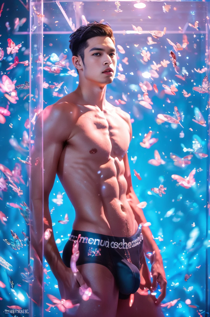 (8k, RAW Photos, Highest quality) masterpiece, 1 ager, 18-year-old, Asian Muscular Man Watching the Viewer, Stand in front, Exposing his huge muscular chest, Puffy nipples, Sexy Six Pack, Tight waist, good looking, topless, Thick body hair, A man wearing thong underwear , Gradient Background, Shine & Sequin Backdrops , Cinema Lighting, Ultra-high resolution