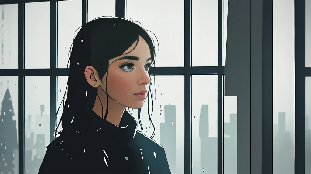 {best quality}, {very aesthetic}, {ultra-detailed}, {8k}, {Super elaborate face}, {Super-smart body},　Wet day, Woman looking outside by the window,