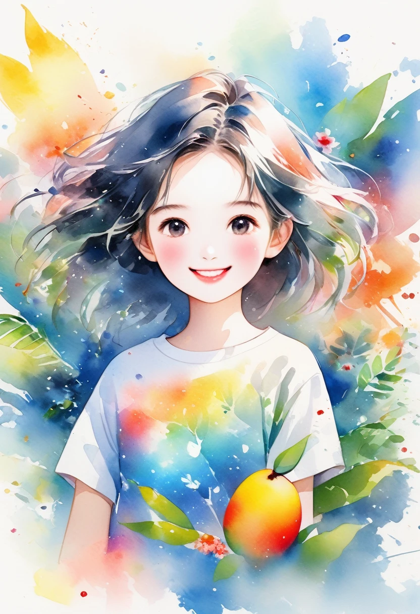 Tropical painting with splatter background and spray paint effect, Mango and flower design T-shirt and jeans shorts, Centered on the upper body of women, Multicolored Hair, Big happy smile, Watercolor, Watercolor paintsing, Watercolor paintsing style, Watercolorの詳細なアート, Watercolor digital painting, Watercolor paints, 見事なWatercolor, Watercolor