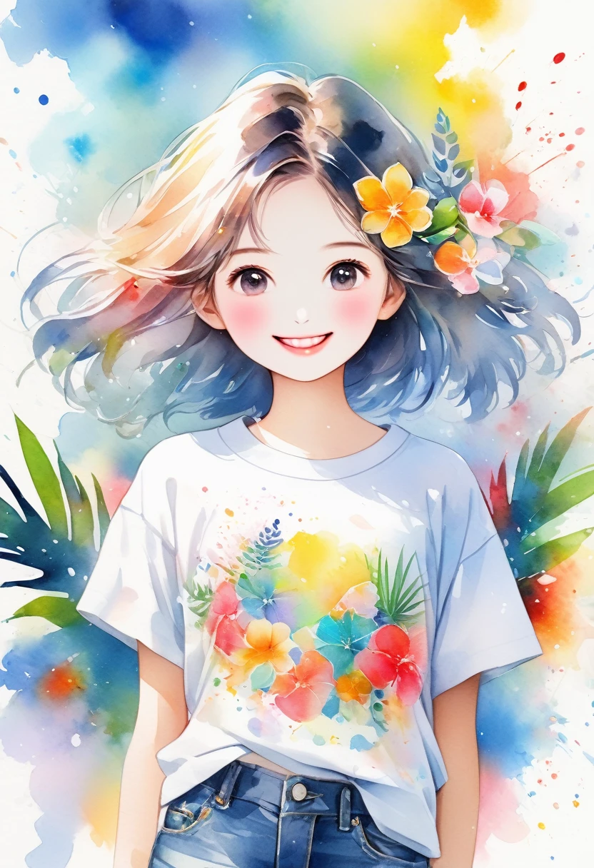 Tropical painting with splatter background and spray paint effect, Mango and flower design T-shirt and jeans shorts, Centered on the upper body of women, Multicolored Hair, Big happy smile, Watercolor,  Watercolor paintsing, Watercolor paintsing style, Watercolorの詳細なアート, Watercolor digital painting, Watercolor paints, 見事なWatercolor, Watercolor