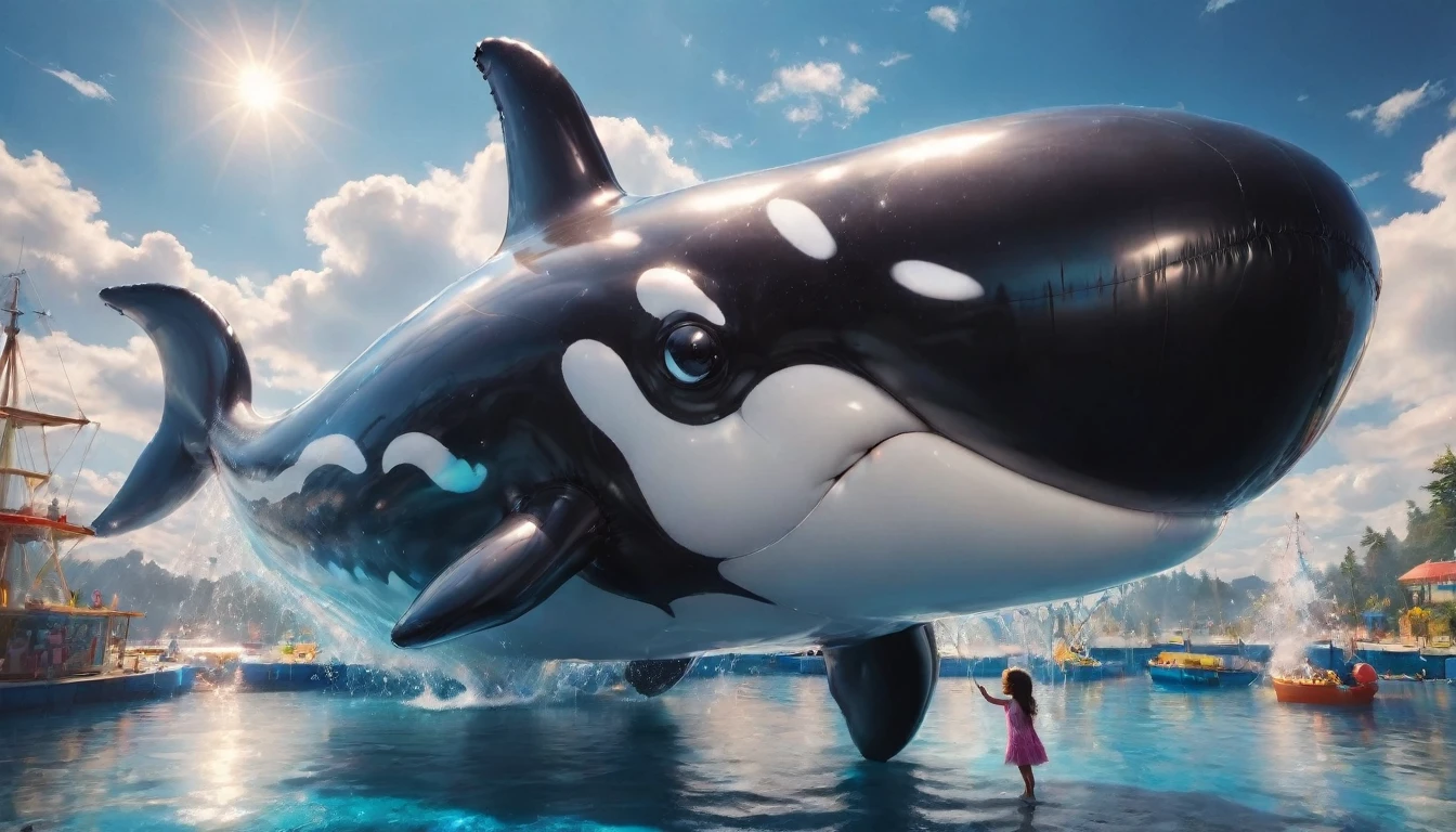 a digital paining of  (balloon in the shape of killer) whale ((being held by a cute )), High Contrast, (masterpiece:1.5), highest quality, Best aesthetics), 16K fantasy art, best details, best quality, highres, (ultra wide angle: 1.2), 16k, [ultra detailed], masterpiece, best quality, (extremely detailed), magical sky, digital painting, balloonz