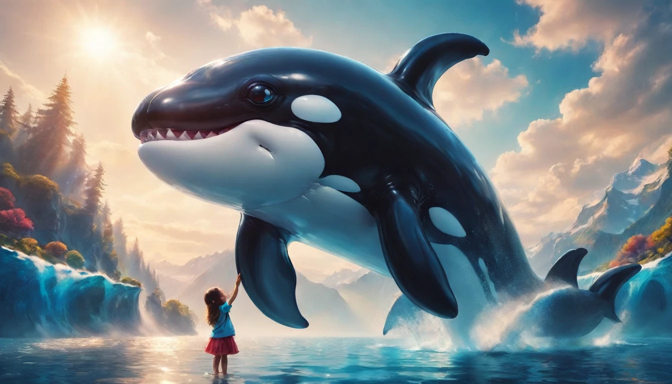 a digital paining of  (balloon in the shape of killer) whale ((being held by a cute kindergarten girl)), High Contrast, (masterpiece:1.5), highest quality, Best aesthetics), 16K fantasy art, best details, best quality, highres, (ultra wide angle: 1.2), 16k, [ultra detailed], masterpiece, best quality, (extremely detailed), magical sky, digital painting, balloonz