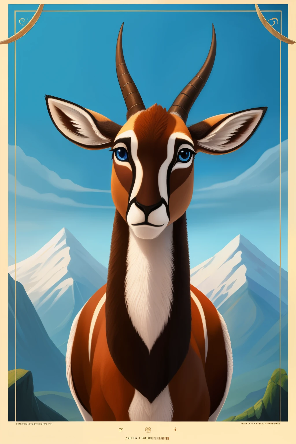(ultra detailed), a captivating and intricately crafted full-size portrait of a Cartoon Tibetan Antelope, showcasing its distinctive features and expressive characteristics. Sensitively drawn with a soft, vibrant color palette that brings out the antelope's unique coat pattern and fur texture. The antelope's large, expressive eyes hold a twinkle of intelligence and curiosity, while its overall posture exudes a sense of grace and agility. The background of the portrait depicts a serene Himalayan landscape, complete with snow-capped mountains, lush greenery, and a crystal-clear sky adorned with fluffy clouds. The
