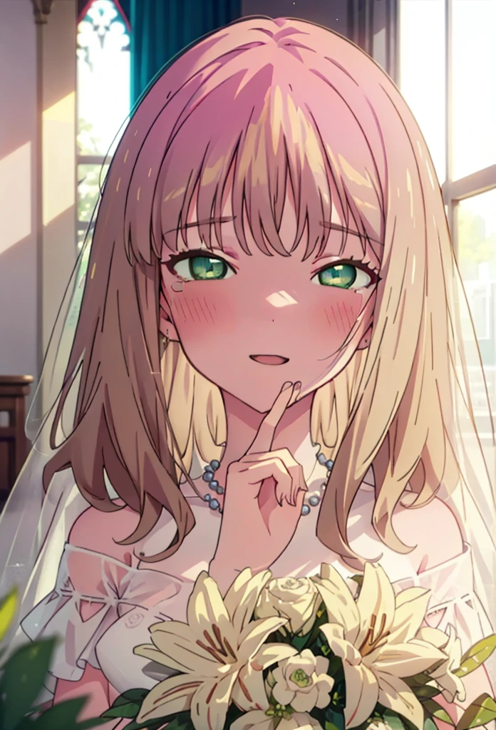 minami yume ,sss Dynazenon ,Long Hair, Brown Hair, (Green Eyes:1.5) ,blush,happy smile, smile, Open your mouth,Off-the-shoulder wedding dresses,Wedden Skirt,necklace,Veil,bouquet,Close both eyes,Tears stream down her face,Tears of joy,I cry a lot,　　　　　　　　　　　　 
 break looking at viewer, whole body,(Cowboy Shot:1. 5) 　　　　　　　　　　　　　　　　　　　break indoors, Chapel,church, 　　　　　　　　　　　break (masterpiece:1.2), Highest quality, High resolution, unity 8k wallpaper, (shape:0.8), (Beautiful attention to detail:1.6), Highly detailed face, Perfect lighting, Highly detailed CG, (Perfect hands, Perfect Anatomy),