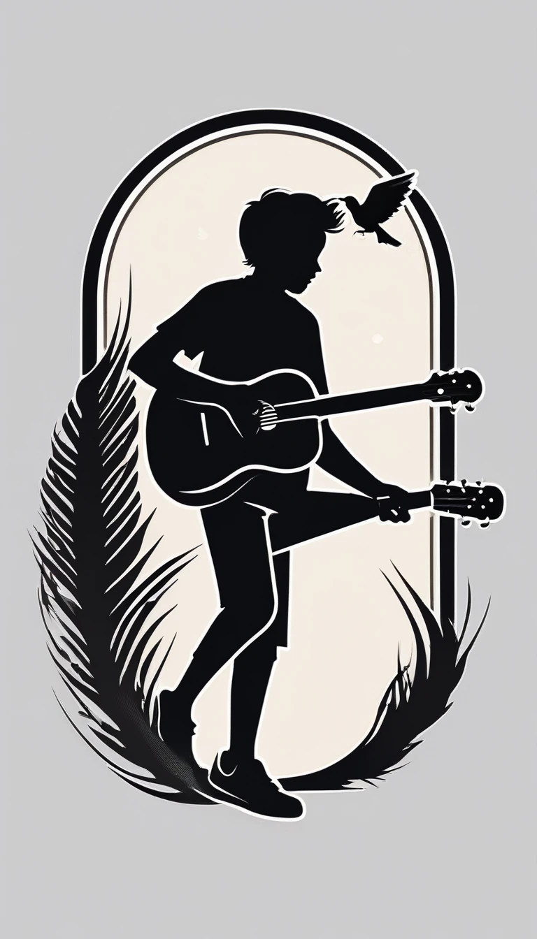 Create a modern, minimalistic logo design for a brand about music and movies. The logo must be in minimalistic style and convey a sense of storytelling. The logo is the silhouette of a boy and a bird. The boy is running with open arms, holding an acoustic guitar in the right hand and a bird feather in the left hand.