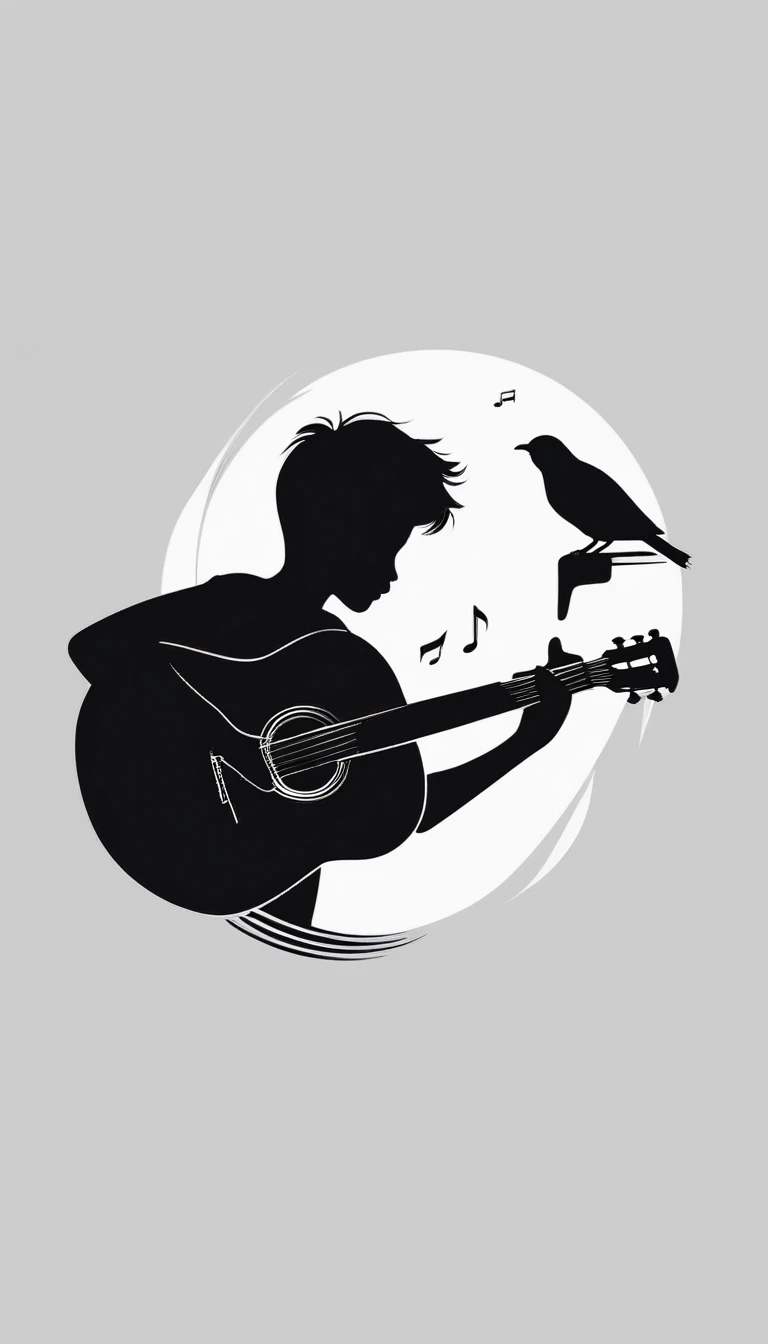 Create a modern, minimalistic logo design for a brand about music and movies. The logo must be in minimalistic style and convey a sense of storytelling. The logo is the silhouette of a boy and a bird. The boy is running with open arms, holding an acoustic guitar in the right hand and a bird feather in the left hand.