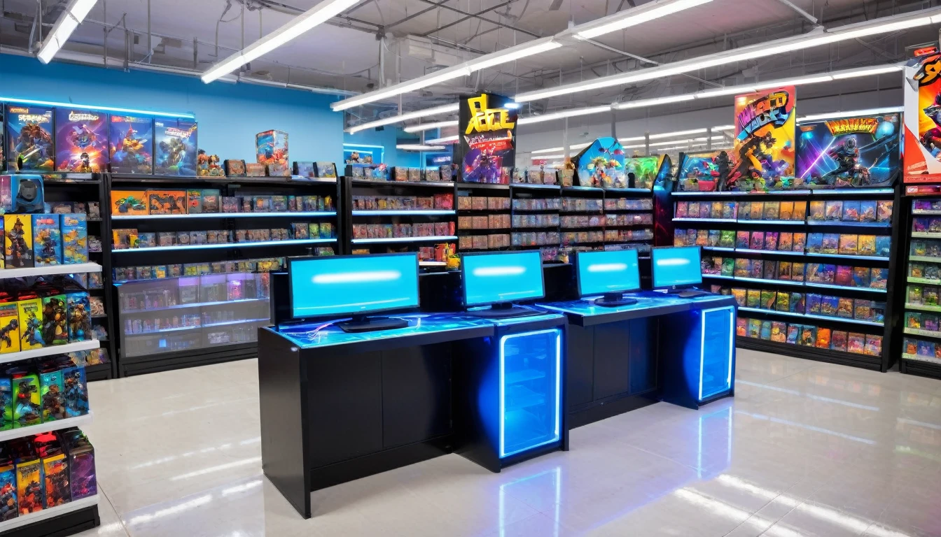 online game store, video game aisle, action figure aisle, bright neon lights, gaming computer station in front with LED gaming mouse padmouse