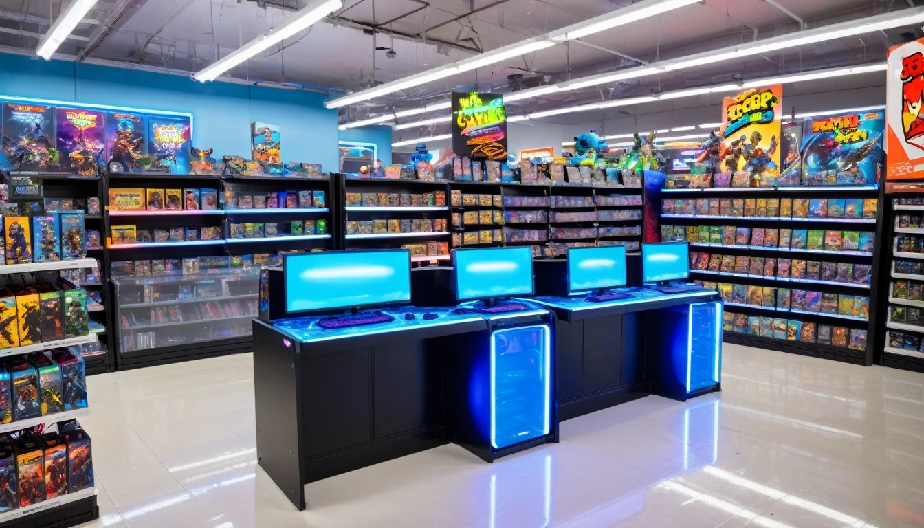 online game store, video game aisle, action figure aisle, bright neon lights, gaming computer station in front with LED gaming mouse padmouse