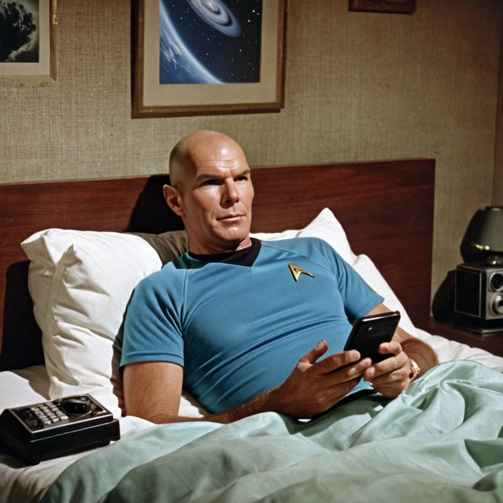 
“A vintage color photograph of a bald man lying in his bed in the evening, looking at his cell phone and imagining a female Mrs. Spock from the Starship Enterprise with long hair, from the 1960 television series. The photo is ill-framed, taken with a Holga 120n camera, featuring film grain, blurred image, light leaks, vignetting, and direct flash. The scene is bathed in a warm, nostalgic glow, with the man’s expression showing a mix of intrigue and wonder. The dream image of Mrs. Spock appears ethereal and slightly transparent above the phone screen.”