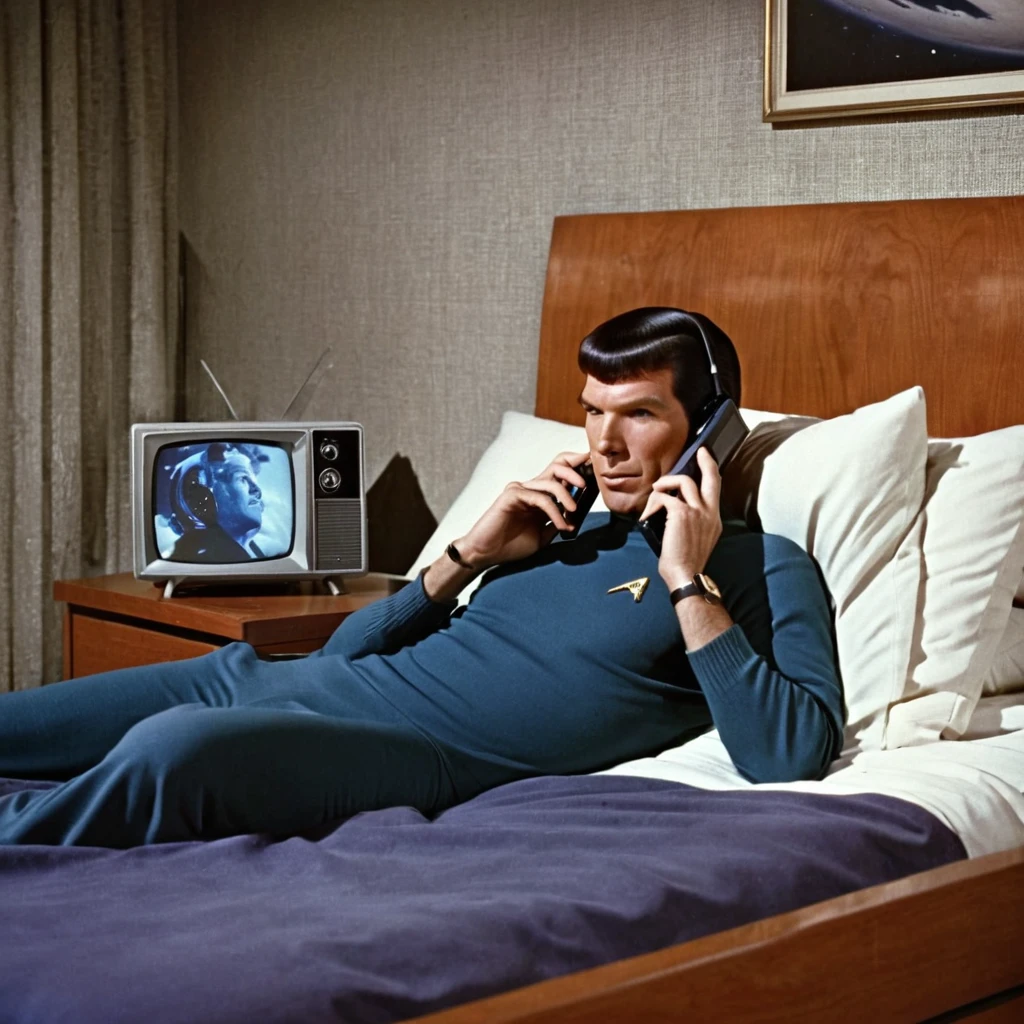 “A vintage color photograph of a bald man lying in his bed in the evening, looking at his cell phone and imagining a female Mrs. Spock from the Starship Enterprise with long hair, from the 1960 television series. The photo is ill-framed, taken with a Holga 120n camera, featuring film grain, blurred image, light leaks, vignetting, and direct flash. The scene is bathed in a warm, nostalgic glow, with the man’s expression showing a mix of intrigue and wonder. The dream image of Mrs. Spock appears ethereal and slightly transparent above the phone screen.”