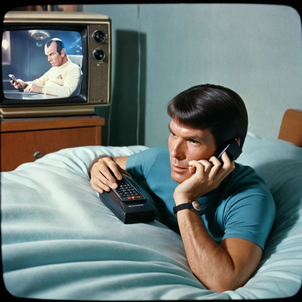 
“A vintage color photograph of a bald man lying in his bed in the evening, looking at his cell phone and imagining a female Mrs. Spock from the Starship Enterprise with long hair, from the 1960 television series. The photo is ill-framed, taken with a Holga 120n camera, featuring film grain, blurred image, light leaks, vignetting, and direct flash. The scene is bathed in a warm, nostalgic glow, with the man’s expression showing a mix of intrigue and wonder. The dream image of Mrs. Spock appears ethereal and slightly transparent above the phone screen.”