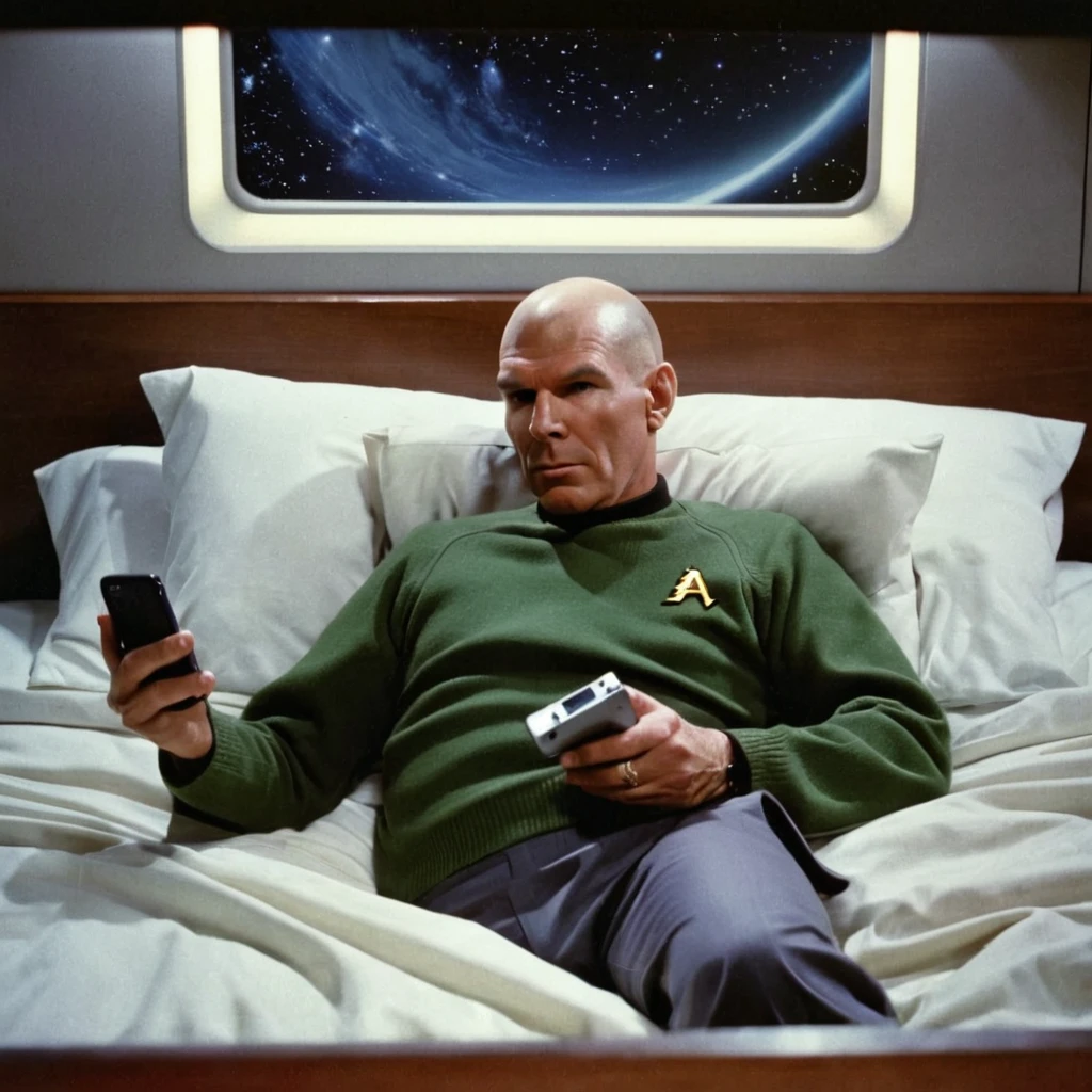 
“A vintage color photograph of a bald man lying in his bed in the evening, looking at his cell phone and imagining a female Mrs. Spock from the Starship Enterprise with long hair, from the 1960 television series. The photo is ill-framed, taken with a Holga 120n camera, featuring film grain, blurred image, light leaks, vignetting, and direct flash. The scene is bathed in a warm, nostalgic glow, with the man’s expression showing a mix of intrigue and wonder. The dream image of Mrs. Spock appears ethereal and slightly transparent above the phone screen.”