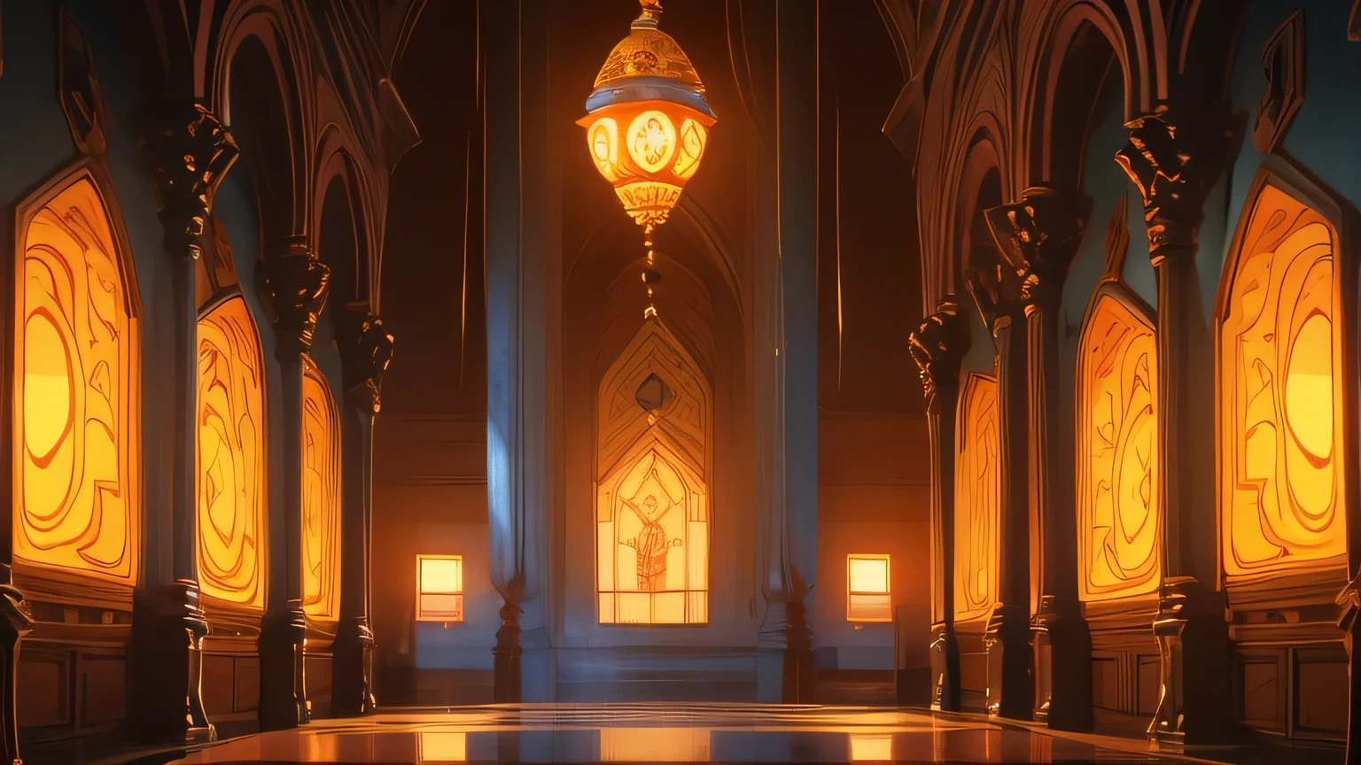 Interior of the mosque, with intricate patterns and soft, warm lighting creating an atmosphere of serenity and spiritual reflection.