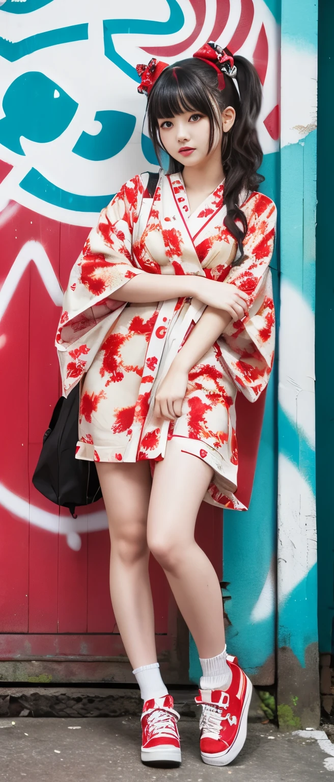 Cute and cool punk idol girl、whole body、Good style、、、、、、、、、、Thick legs、、Red and white kimono dress（Fire Print）、Neat and clean idol face、Graffiti（Glowing）、Wavy Hair、