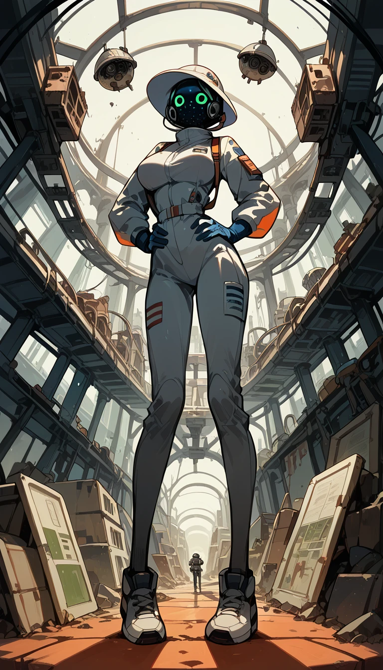 Masterpiece , best quality , Masterpiece , best quality , 1 woman , astronaut suit , wear a hat , big breasts , abdomen , Long legs , Put your hands on your hips.... , shoe , Got corseted , Sticky mucus , abandoned factory , at night