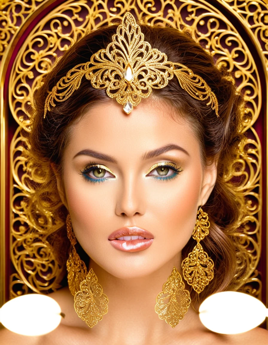 A glamorous woman with a sultry look and a touch of sparkle on her cheek, surrounded by ornate golden filigree designs. 