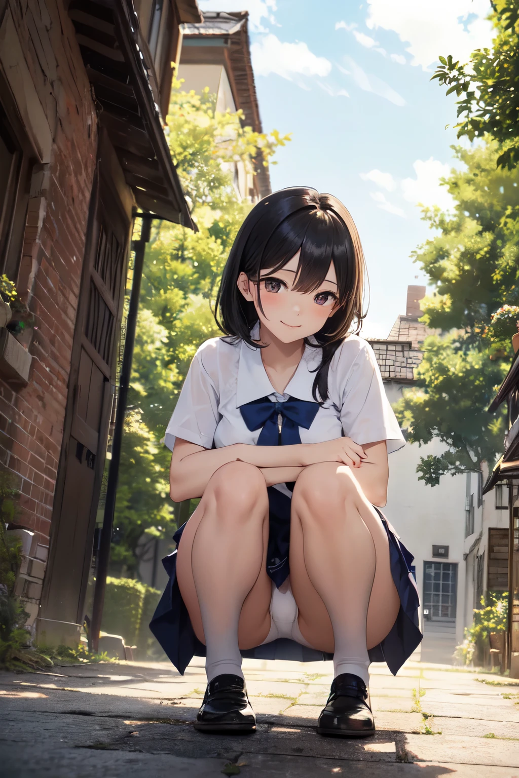 very cute and beautiful girl,(Very detailed美しい顔), (smile),blush,Black Hair,Seraphim,(White Shirt、Pleated navy blue pread your legs、Squat)、Sitting、(From below)、(Lacy white panties), Country road、Distant Tree々and the city, (Highest quality,masterpiece:1.0),Absurd,High resolution,Super detailed,Very detailed,32K,8k resolution, Intricate details,Movie Scenes,Detailed Background,alone,Dynamic Angle,