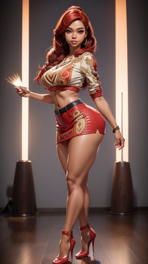 A beautiful aboriginal woman, she wears spaghetti top and short miniskirt, stilettos heels, (highly detailed face:0.75), large perky breasts, ample hips, insanely detailed accentuated big booty with phenomenal detailed booty cheeks, great aesthetics, (((detailed skin:1.0))), voluptuous, light skinned, red lipstick, red hair, intricate details, highest resolution, smooth, sharp focus, she is the most beautiful woman in the world,, well proportioned body, highest resolution, (((masterpiece, best-quality:1.5, ultra_detailed))),