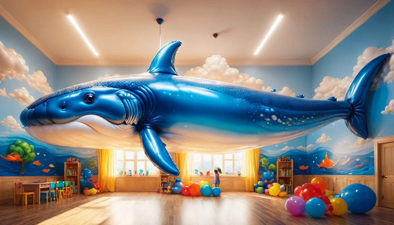 a digital paining of  (balloon in the shape of blue whale) ((being held by a cute kindergarten girl)), High Contrast, (masterpiece:1.5), highest quality, Best aesthetics), 16K fantasy art, best details, best quality, highres, (ultra wide angle: 1.2), 16k, [ultra detailed], masterpiece, best quality, (extremely detailed), magical sky, digital painting, balloonz