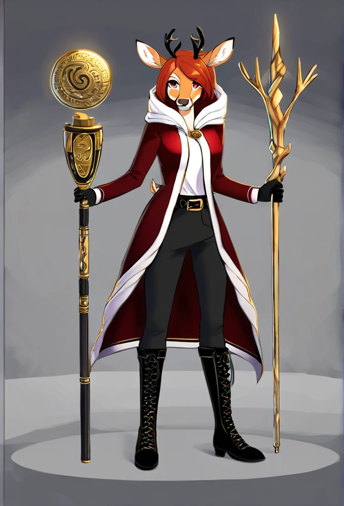 Solo female, furry, deer, right eye blue, left eye red eyes, auburn hair, deer long trophies, white hooded cloak, dark red tunic jacket with a white stripe on the front, a belt on the tunic, black trousers, black boots witha buckle underneath ,On her cloak, there is a golden round stone with the shape of an eye engraved on it, A staff in her hand.black gloves