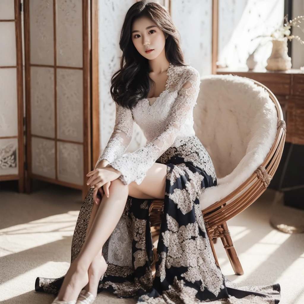 A beautiful Korean woman aged 20 years, wearing a long Balinese kebaya, White, wearing a black floral patterned skirt, sitting gracefully on a round couch, photo style, background, photo studio, very detailed 8k 