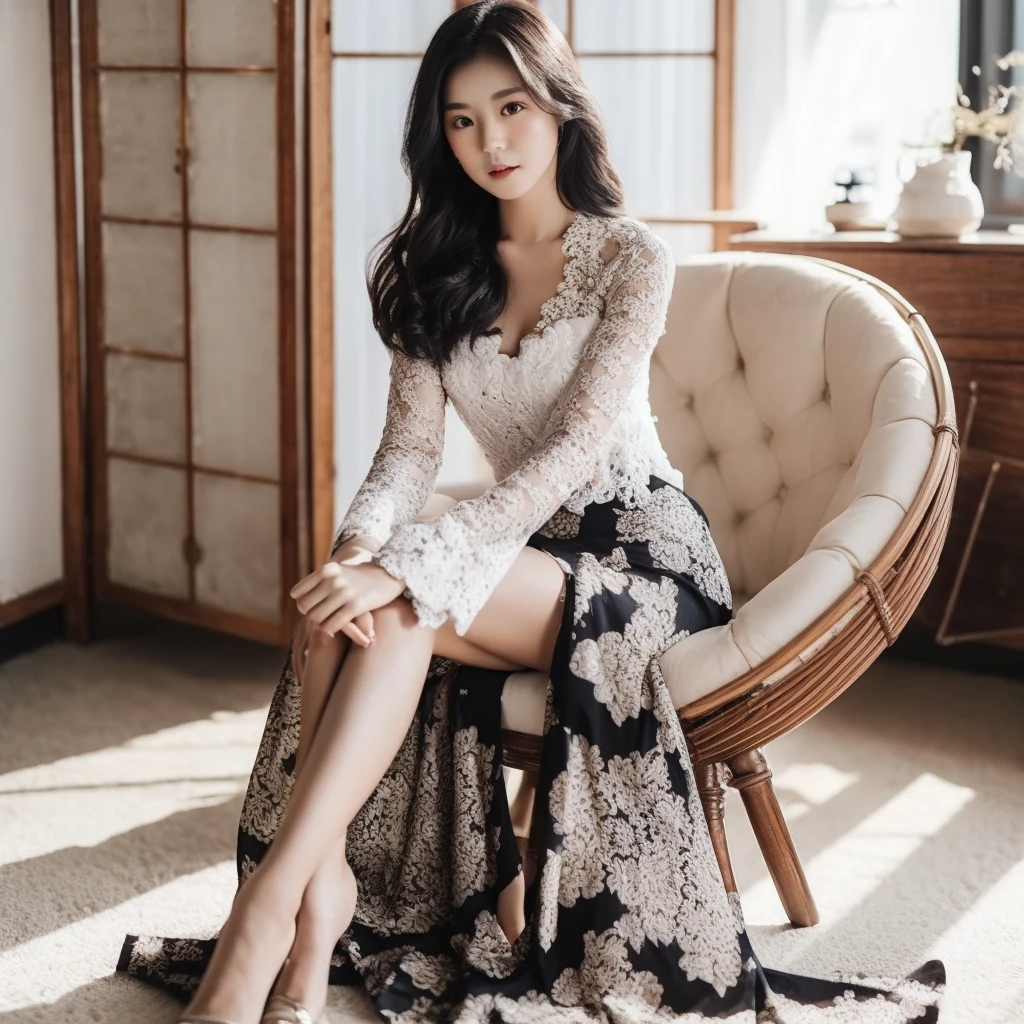 A beautiful Korean woman aged 20 years, wearing a long Balinese kebaya, White, wearing a black floral patterned skirt, sitting gracefully on a round couch, photo style, background, photo studio, very detailed 8k