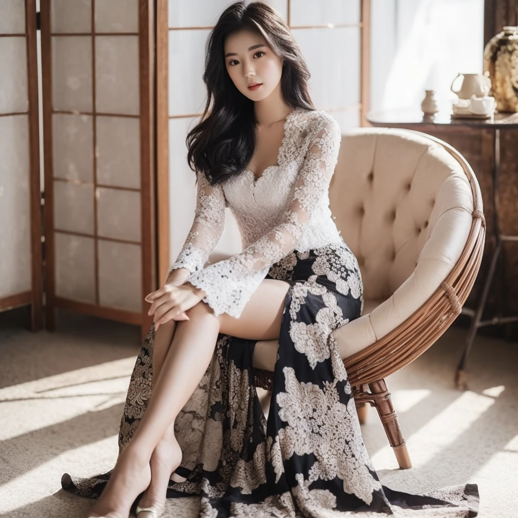 A beautiful Korean woman aged 20 years, wearing a long Balinese kebaya, White, wearing a black floral patterned skirt, sitting gracefully on a round couch, photo style, background, photo studio, very detailed 8k
