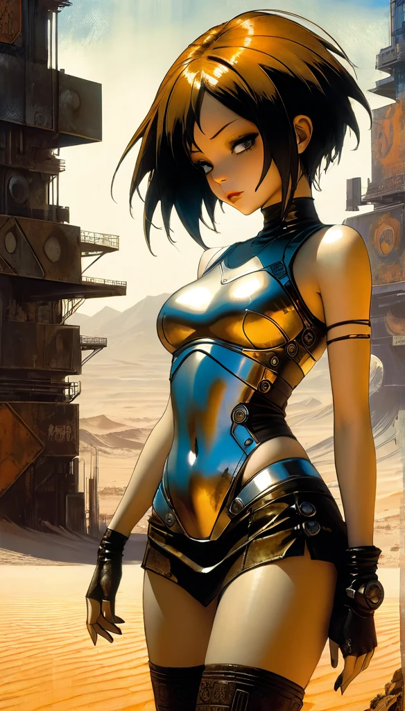 a girl in a leather miniskirt and tight tank top,pronounced nipples,advertising signs in the desert,rusty smooth metal panels with screwed and welded parts,in the distance can see a futuristic city,(best quality,4k,8k,highres,masterpiece:1.2),ultra-detailed,(realistic,photorealistic,photo-realistic:1.37),concept art,cyberpunk,vibrant colors,dramatic lighting,cinematic,moody atmosphere (art inspired by Dave Mckean, details intricate, oil painting)
