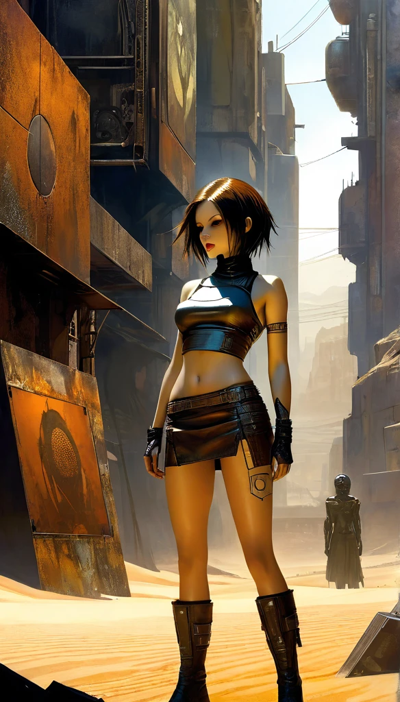 a girl in a leather miniskirt and tight tank top,pronounced nipples,advertising signs in the desert,rusty smooth metal panels with screwed and welded parts,in the distance can see a futuristic city,(best quality,4k,8k,highres,masterpiece:1.2),ultra-detailed,(realistic,photorealistic,photo-realistic:1.37),concept art,cyberpunk,vibrant colors,dramatic lighting,cinematic,moody atmosphere (art inspired by Dave Mckean, details intricate, oil painting)
