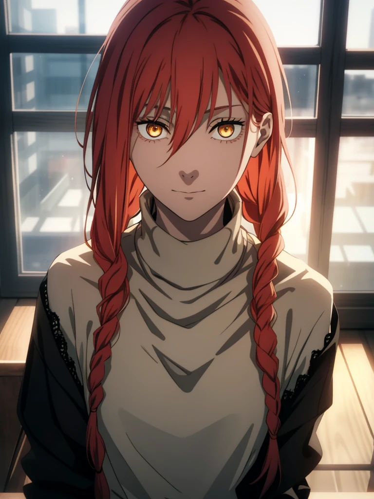 hand \(Chainsaw Man\),, One Girl, only, sit, Redhead, Long braided hair, Golden Eyes,, Mid-chest, Black turtleneck sweater, Perfect collarbone, (Black lace panties), (just:1.2), look up , (close:1.3), , Upper Body, Highest quality, Glowing Skin, Highest quality, High resolution, ,